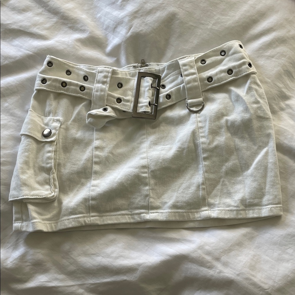 White Denim Edikted Mini Skirt with Belt